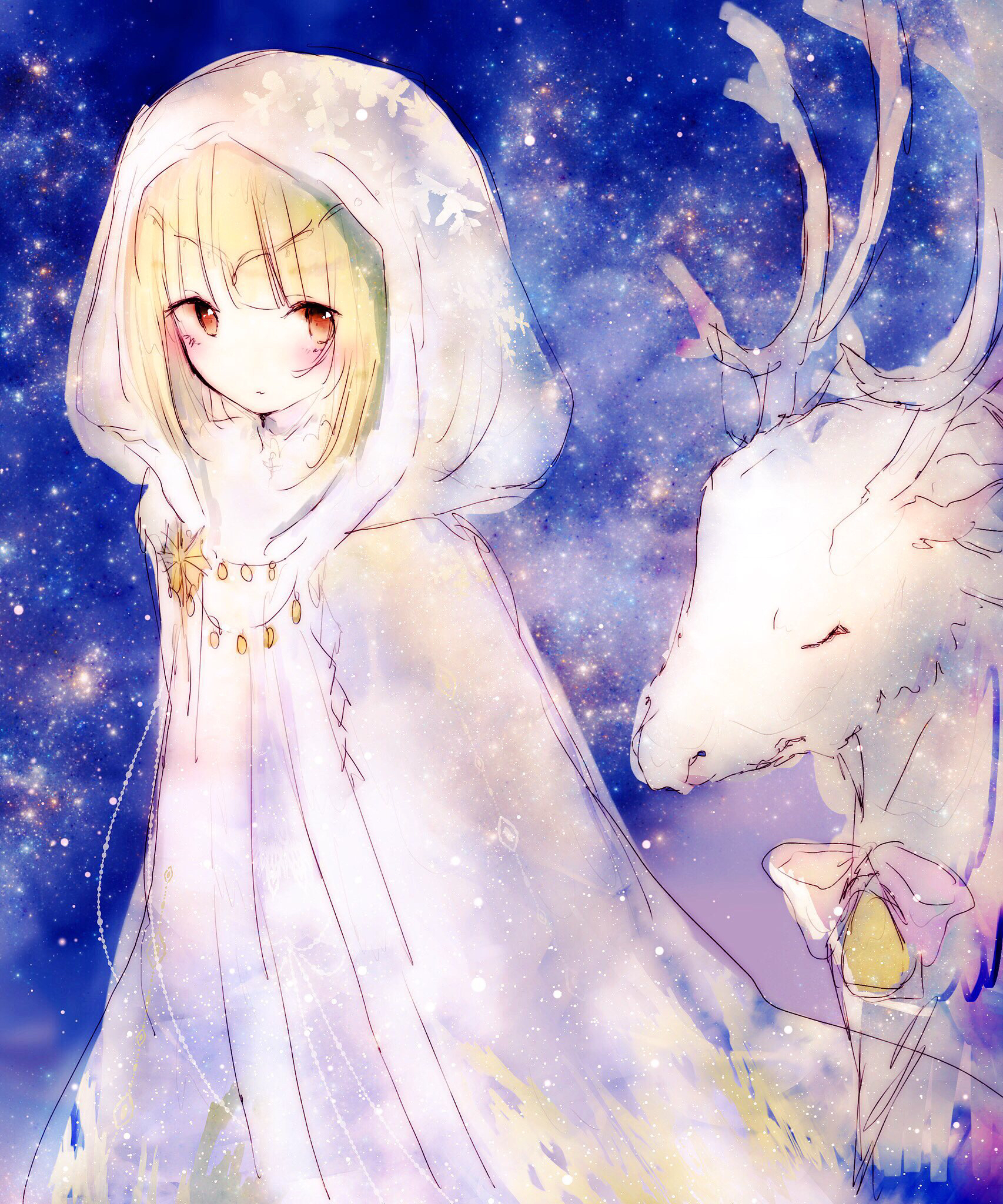 nekoneko gon, miracle nikki, nikki (series), highres, 1girl, blonde hair, blunt bangs, brown eyes, circlet, cloak, closed mouth, cowboy shot, deer, expressionless, fur-trimmed cloak, fur trim, hood, hood up, hooded cloak, light blush, light particles, looking at viewer, medium hair, night, night sky, outdoors, rondo of snowy night (miracle nikki), sky, solo, standing, star (sky), starry sky, white cloak