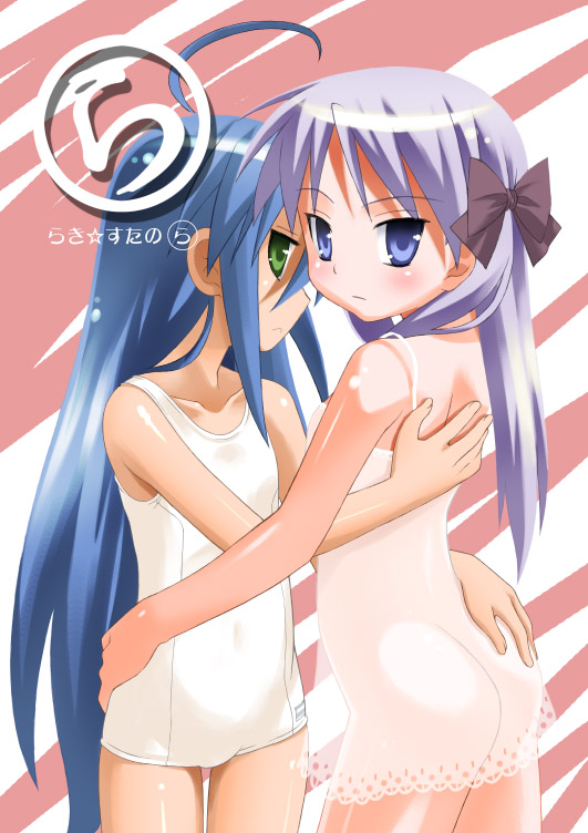 umekichi, hiiragi kagami, izumi konata, lucky star, 00s, 2girls, ahoge, ass, blue eyes, blue hair, blush, bow, chemise, female focus, green eyes, hair bow, lingerie, long hair, looking back, multiple girls, no panties, one-piece swimsuit, purple hair, ribbon, school swimsuit, swimsuit, transparent, underwear, very long hair, white one-piece swimsuit, white school swimsuit, yuri