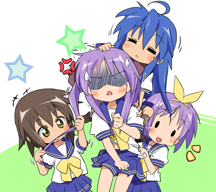 nishiya futoshi, hiiragi kagami, hiiragi tsukasa, izumi konata, kusakabe misao, lucky star, 00s, 4girls, multiple girls, sisters, skirt, twins