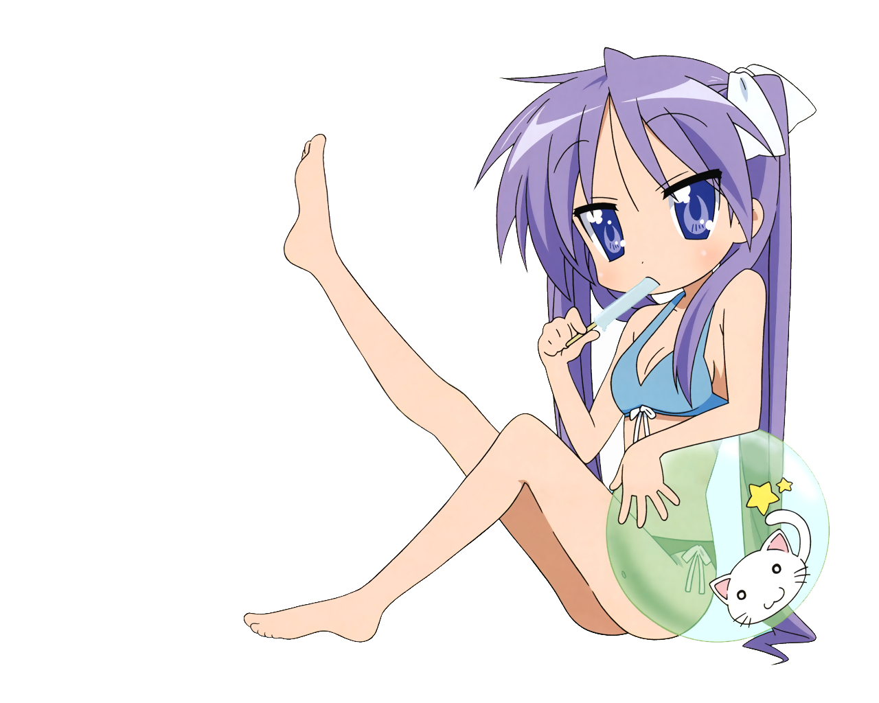 nishiya futoshi, hiiragi kagami, lucky star, 00s, 1girl, ball, bikini, cat, female focus, food, hair ribbon, legs, long hair, popsicle, purple eyes, purple hair, ribbon, simple background, solo, swimsuit, twintails, very long hair