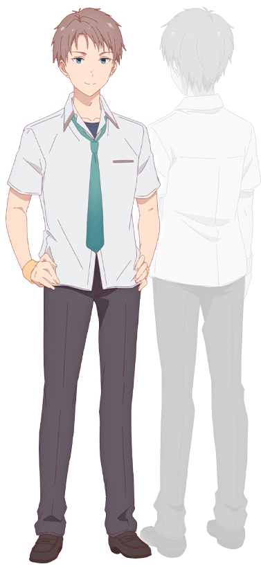 nii manabu, shinjou keisuke, gimai seikatsu, official art, 2boys, anime coloring, aqua eyes, back, blue shirt, brown hair, brown shoes, collarbone, collared shirt, dress shoes, from behind, full body, green necktie, grey pants, greyscale, hands on own hips, looking at viewer, monochrome, multiple boys, multiple views, necktie, pants, school uniform, shirt, shoes, short hair, simple background, smile, standing, t-shirt, transparent background, untucked shirt, white shirt