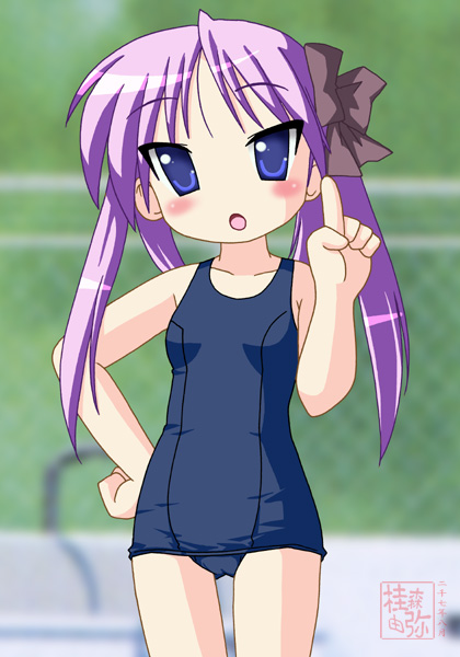 neopure, hiiragi kagami, lucky star, 00s, 1girl, female focus, one-piece swimsuit, school swimsuit, solo, swimsuit, twintails