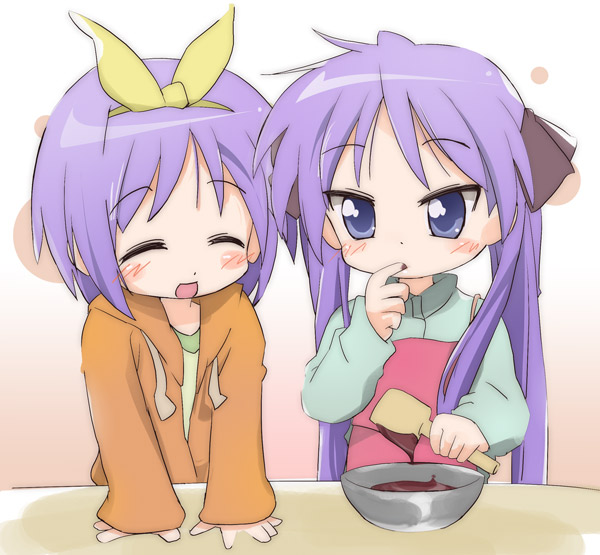 hiiragi kagami, hiiragi tsukasa, lucky star, tagme, 00s, 2girls, blush, closed eyes, cooking, multiple girls, open mouth, purple hair, short hair, sisters, smile, tongue, tongue out, twins, twintails