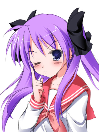 hiiragi kagami, lucky star, 00s, 1girl, purple hair, sailor collar, school uniform, upper body, wink