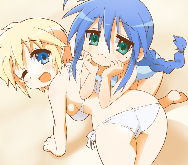 9law, izumi konata, patricia martin, lucky star, duplicate, 00s, 2girls, :3, alternate hairstyle, ass, barefoot, bikini, blonde hair, blue eyes, blue hair, braid, butt crack, green eyes, mole, mole under eye, multiple girls, one-piece swimsuit, one eye closed, short hair, side-tie bikini bottom, swimsuit