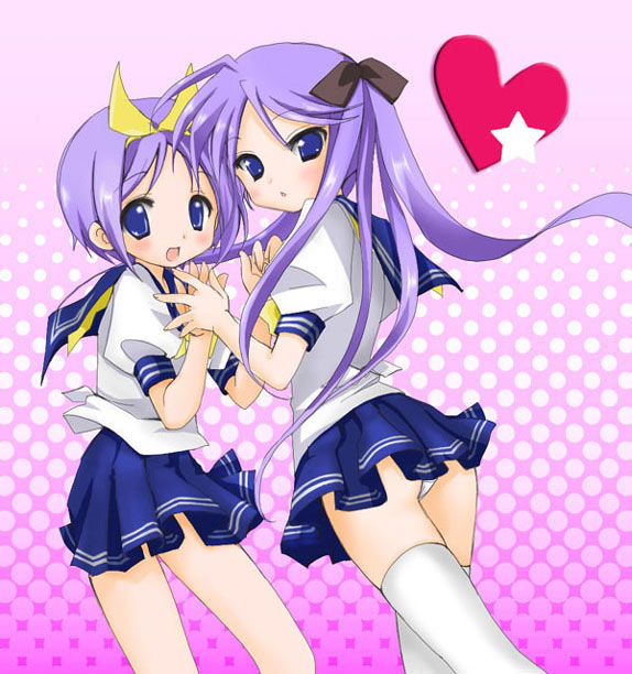 hiiragi kagami, hiiragi tsukasa, lucky star, tagme, 00s, 2girls, ass, blush, long hair, looking back, multiple girls, open mouth, purple hair, school uniform, short hair, sisters, skirt, standing, thighhighs, thighs, tongue, twins, twintails