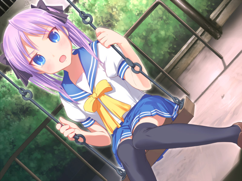 hiiragi kagami, lucky star, eyebrows, 00s, 1girl, black thighhighs, blue eyes, blue skirt, blush, bow, brown shoes, female focus, hair ornament, hair ribbon, legs together, long hair, looking at viewer, open mouth, outdoors, purple hair, ribbon, sailor collar, school uniform, serafuku, shirt, shoes, short sleeves, sitting, skirt, solo, swing, tears, thighhighs, twintails, white shirt