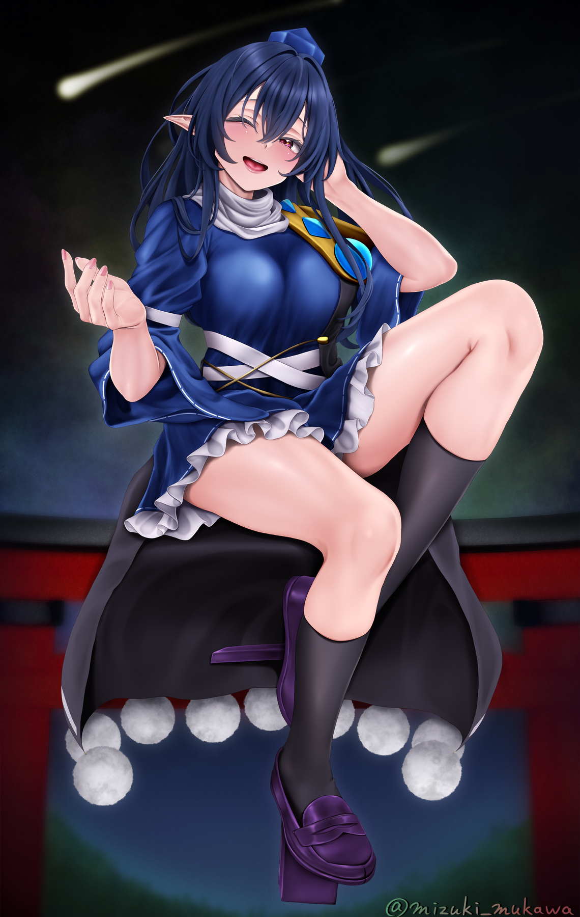 mizuki mukawa, iizunamaru megumu, touhou, highres, 1girl, artist name, black socks, blue dress, blue hair, blue hat, blurry, blurry background, blush, breasts, crossed bangs, dress, hair between eyes, hand on own head, hands up, hat, knee up, large breasts, legs, long hair, one eye closed, open mouth, platform shoes, pointy ears, purple shoes, shoes, shooting star, sitting, socks, solo, thighs, tokin hat, twitter username, very long hair, wide sleeves
