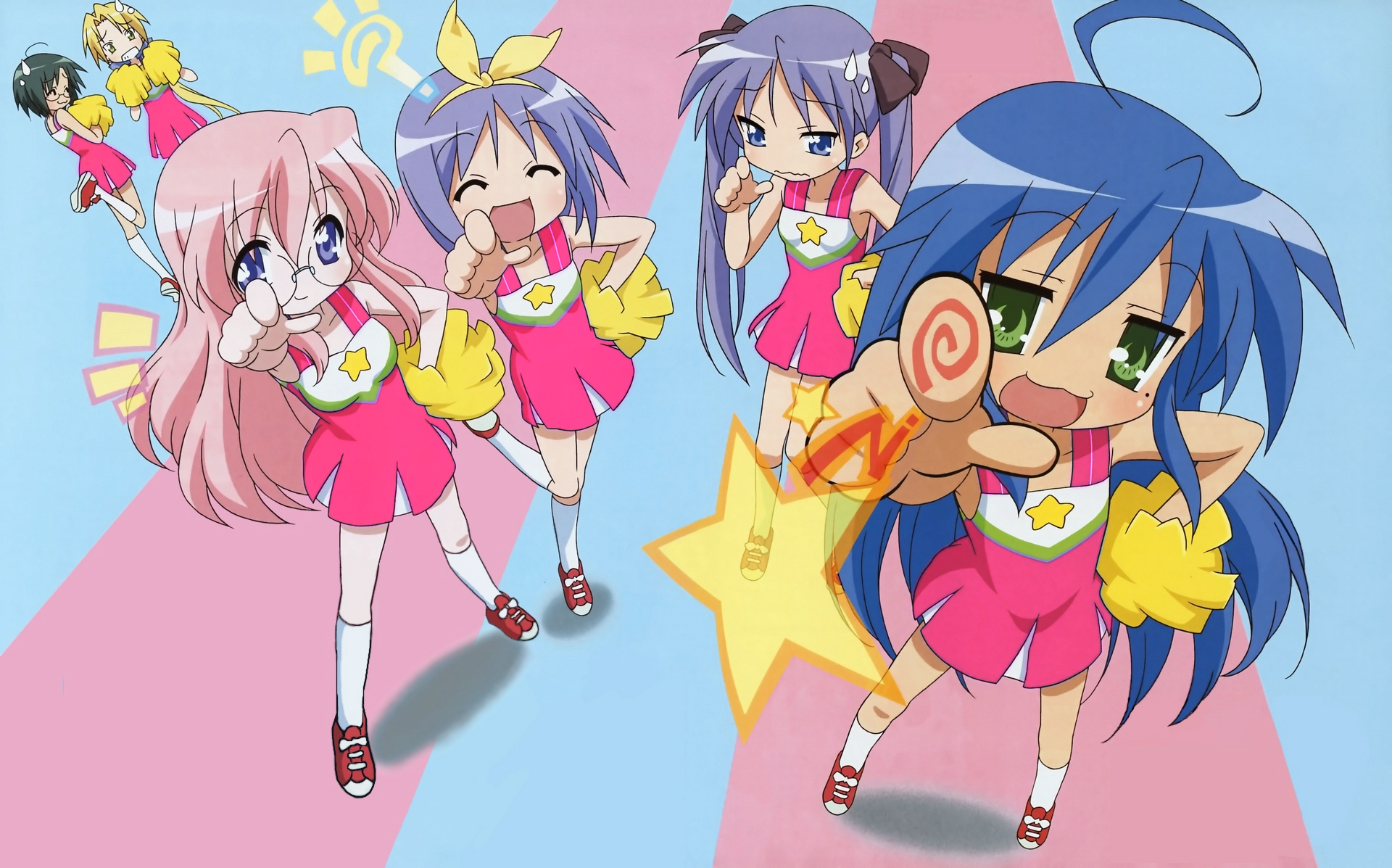 hiiragi kagami, hiiragi tsukasa, izumi konata, kuroi nanako, narumi yui, takara miyuki, lucky star, highres, 00s, 6+girls, :3, ahoge, blonde hair, blue eyes, blue hair, brown eyes, cheerleader, cousins, glasses, green eyes, green hair, looking at viewer, mole, mole under eye, multiple girls, pink hair, purple hair, siblings, sisters, standing, sweatdrop, twins