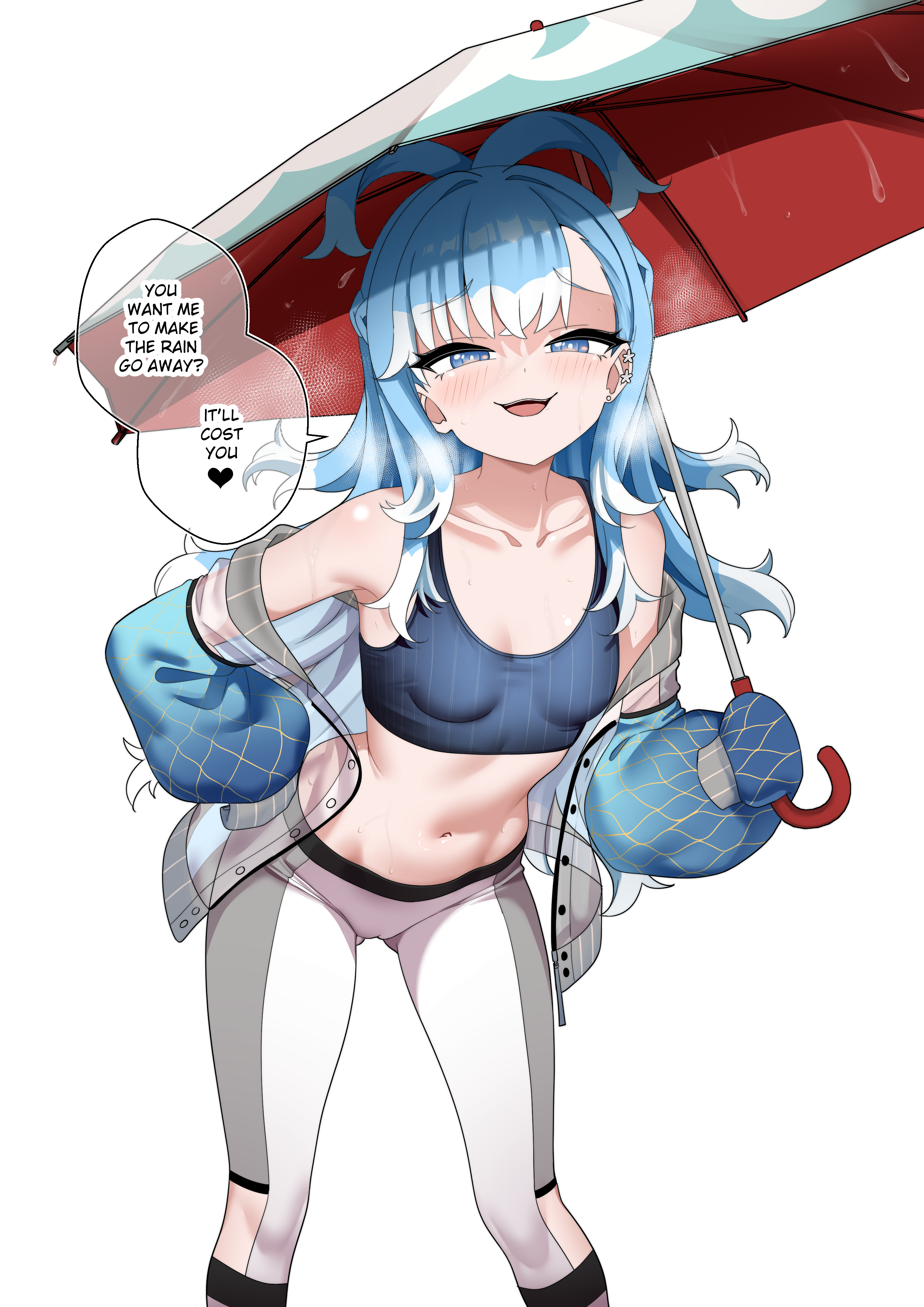 raikkonen, kobo kanaeru, kobo kanaeru (1st costume), hololive, hololive indonesia, absurdres, highres, 1girl, blue eyes, blue hair, blue jacket, blue sports bra, breasts, cleavage, colored tips, english text, grey pants, hand on own hip, high ponytail, holding, holding umbrella, jacket, leaning forward, long hair, looking at viewer, midriff, multicolored hair, navel, off shoulder, open mouth, pants, ponytail, see-through clothes, see-through jacket, simple background, sleeves past fingers, sleeves past wrists, small breasts, smile, smug, solo, speech bubble, split ponytail, sports bra, standing, two-tone hair, umbrella, virtual youtuber, wavy hair, white background, white hair