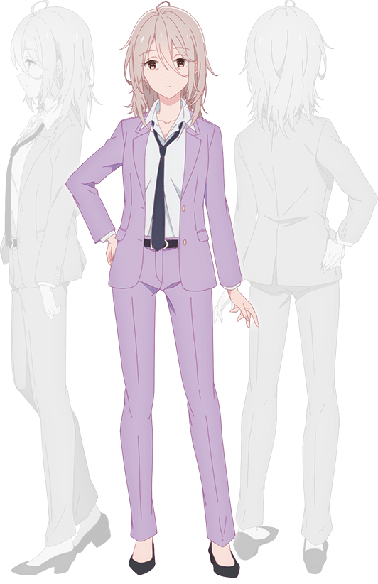 nii manabu, kudo eiha, gimai seikatsu, official art, 3girls, ahoge, anime coloring, back, belt, black belt, black necktie, black shoes, breasts, brown eyes, brown hair, closed mouth, collarbone, collared shirt, flats, formal clothes, from behind, from side, full body, greyscale, hair between eyes, hand on own hip, jacket, looking at viewer, medium breasts, medium hair, monochrome, multiple boys, multiple girls, multiple views, necktie, pants, profile, purple jacket, purple pants, purple suit, shirt, shoes, simple background, standing, suit, suit jacket, transparent background, white shirt