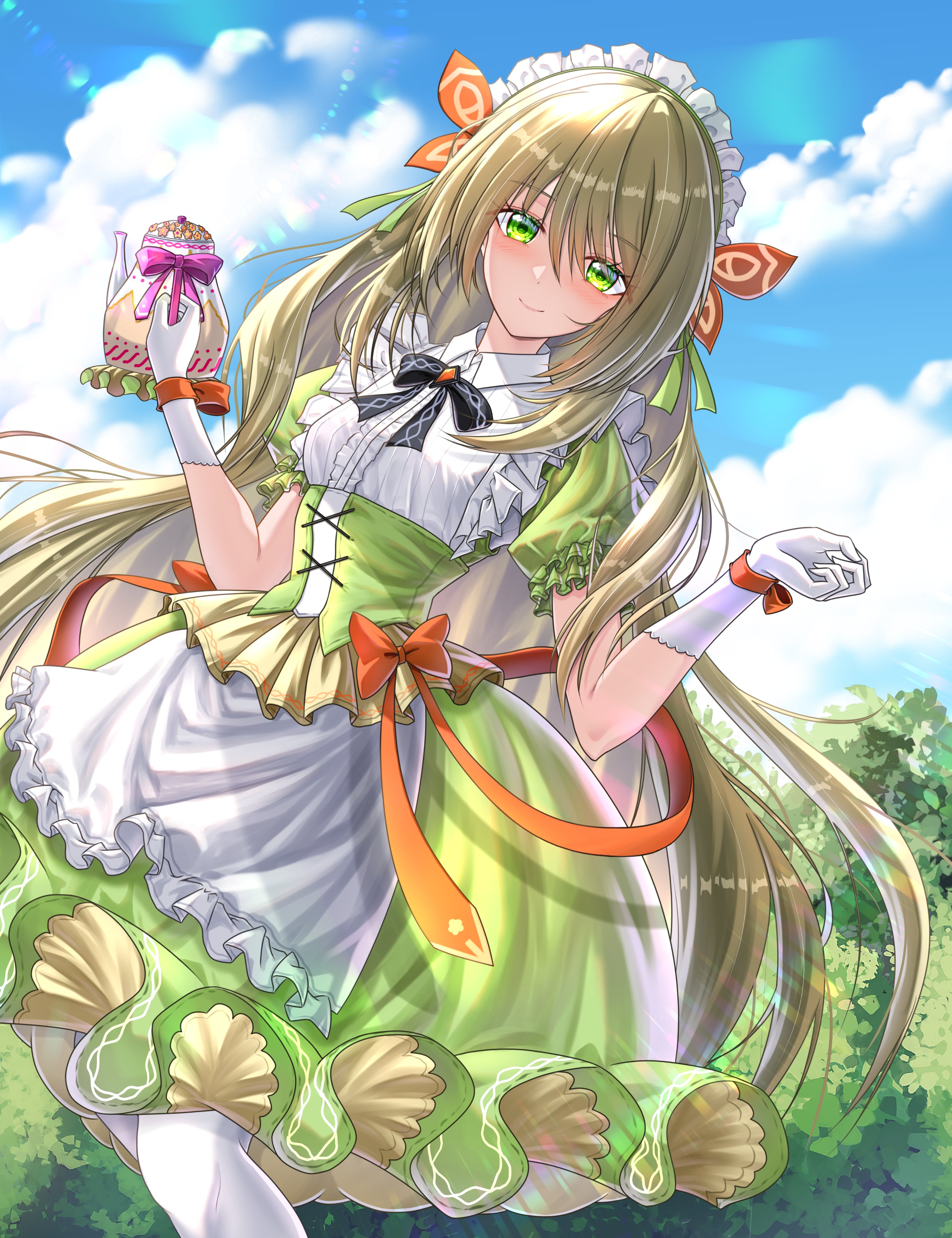 celine (blissful tea party) (fire emblem), celine (fire emblem), fire emblem, fire emblem engage, fire emblem heroes, nintendo, absurdres, highres, 1girl, apron, black bow, black bowtie, blonde hair, bow, bowtie, butterfly hair ornament, closed mouth, cloud, cloudy sky, dress, dress bow, gloves, green dress, green eyes, hair between eyes, hair ornament, holding, holding teapot, long hair, looking at viewer, maid apron, maid headdress, official alternate costume, orange bow, outdoors, sky, smile, solo, teapot, very long hair, wade (njud8343), white gloves, wrist bow