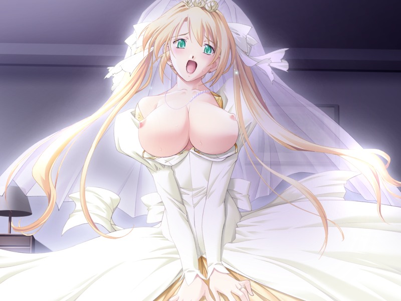blonde hair, breasts, dress, green eyes, large breasts, long hair, wedding, wedding dress