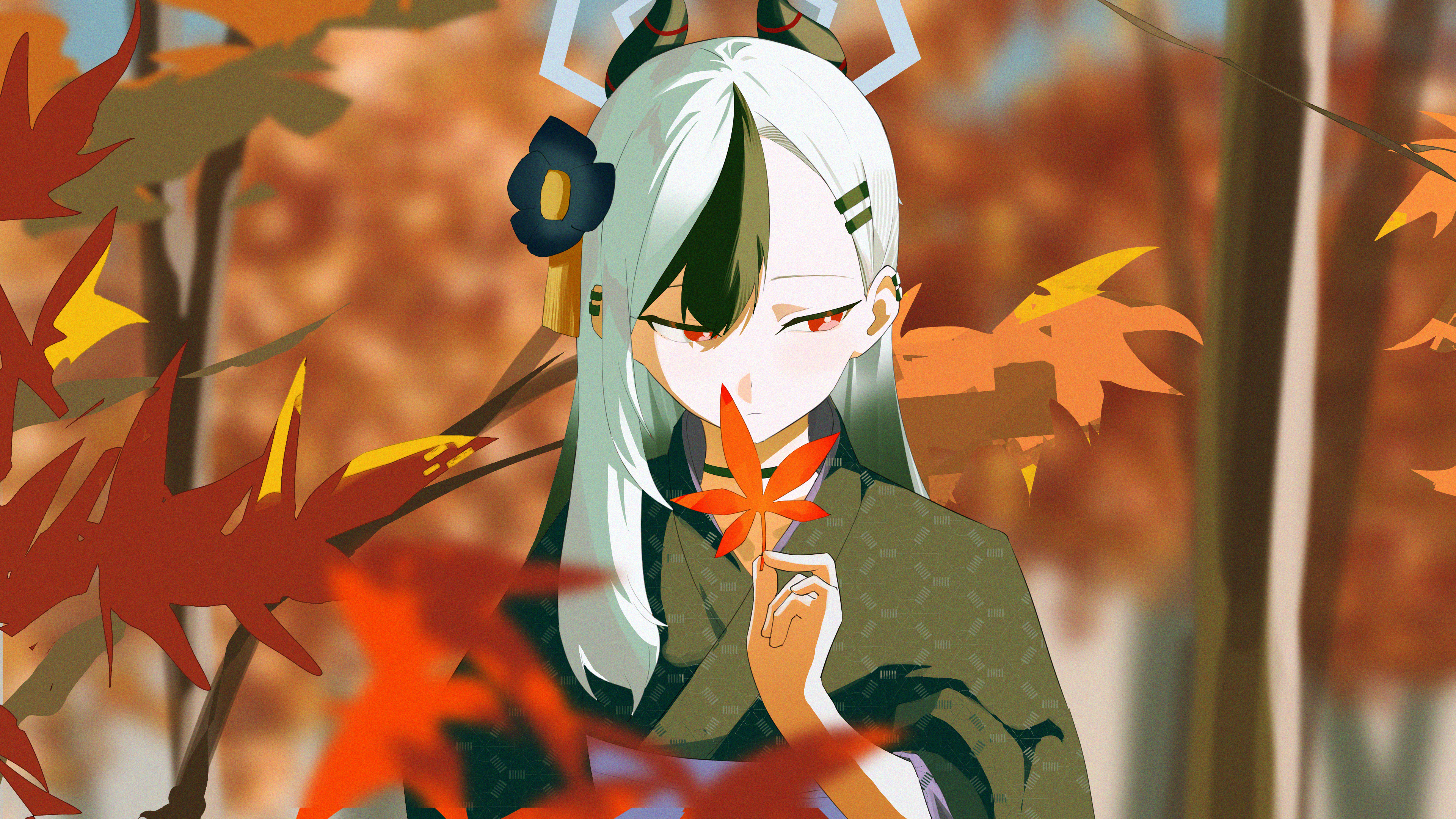 toriko (honmono), kayoko (blue archive), kayoko (new year) (blue archive), blue archive, absurdres, highres, 1girl, autumn leaves, black flower, black hair, black kimono, demon girl, demon horns, ear piercing, flower, hair behind ear, hair between eyes, hair down, hair flower, hair ornament, holding, holding leaf, horns, japanese clothes, kimono, leaf, long hair, multicolored hair, official alternate costume, official alternate hairstyle, piercing, purple sash, red eyes, sash, solo, two-tone hair, white hair
