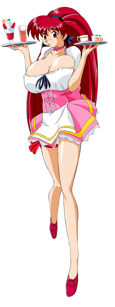 honjoji akira, viper (series), highres, 1girl, blush, bow, breasts, cleavage, female focus, full body, large breasts, legs, long hair, miniskirt, pantyhose, ponytail, red eyes, red hair, ribbon, shoes, simple background, skirt, solo, standing, thighs, waitress, white background