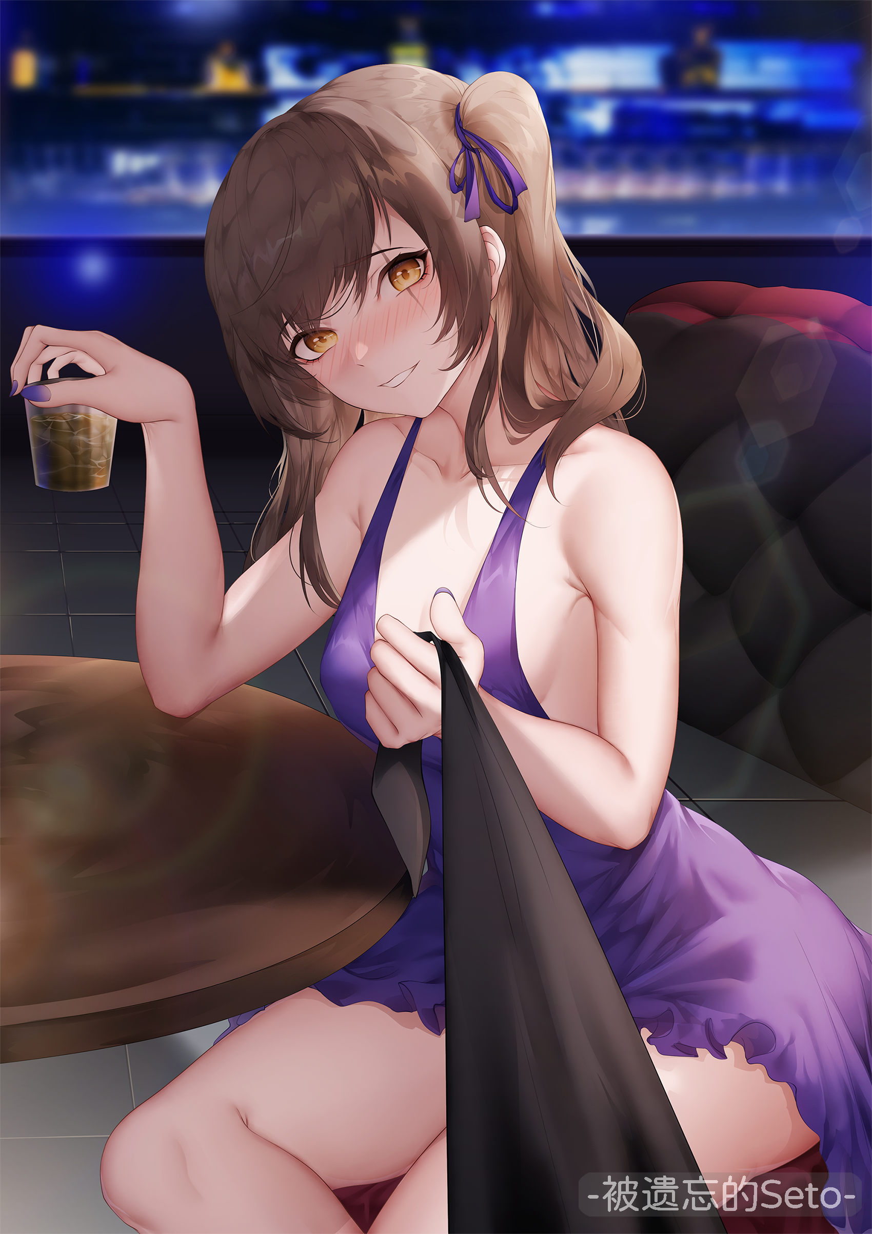 thatob, leva (girls' frontline 2), ump45 (diamond flower) (girls' frontline), ump45 (girls' frontline), girls' frontline, girls' frontline 2: exilium, absurdres, chinese commentary, commentary, highres, 1girl, alcohol, artist name, bar (place), bare shoulders, blurry, blurry background, blush, breasts, brown eyes, brown hair, clothes grab, collarbone, couch, cup, dress, embarrassed, evening gown, feet out of frame, hair ribbon, holding, holding cup, long hair, looking at viewer, nail polish, necktie, necktie grab, neckwear grab, official alternate costume, on couch, open mouth, purple dress, purple nails, purple ribbon, ribbon, scar, scar across eye, scar on face, side ponytail, sidelocks, sitting, small breasts, smile, solo, table