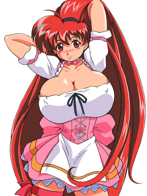 kikumi kazuki, honjoji akira, viper (series), 1girl, blush, bow, breasts, cleavage, cowboy shot, female focus, large breasts, long hair, pantyhose, ponytail, red eyes, red hair, ribbon, simple background, skirt, solo, standing, waitress, white background