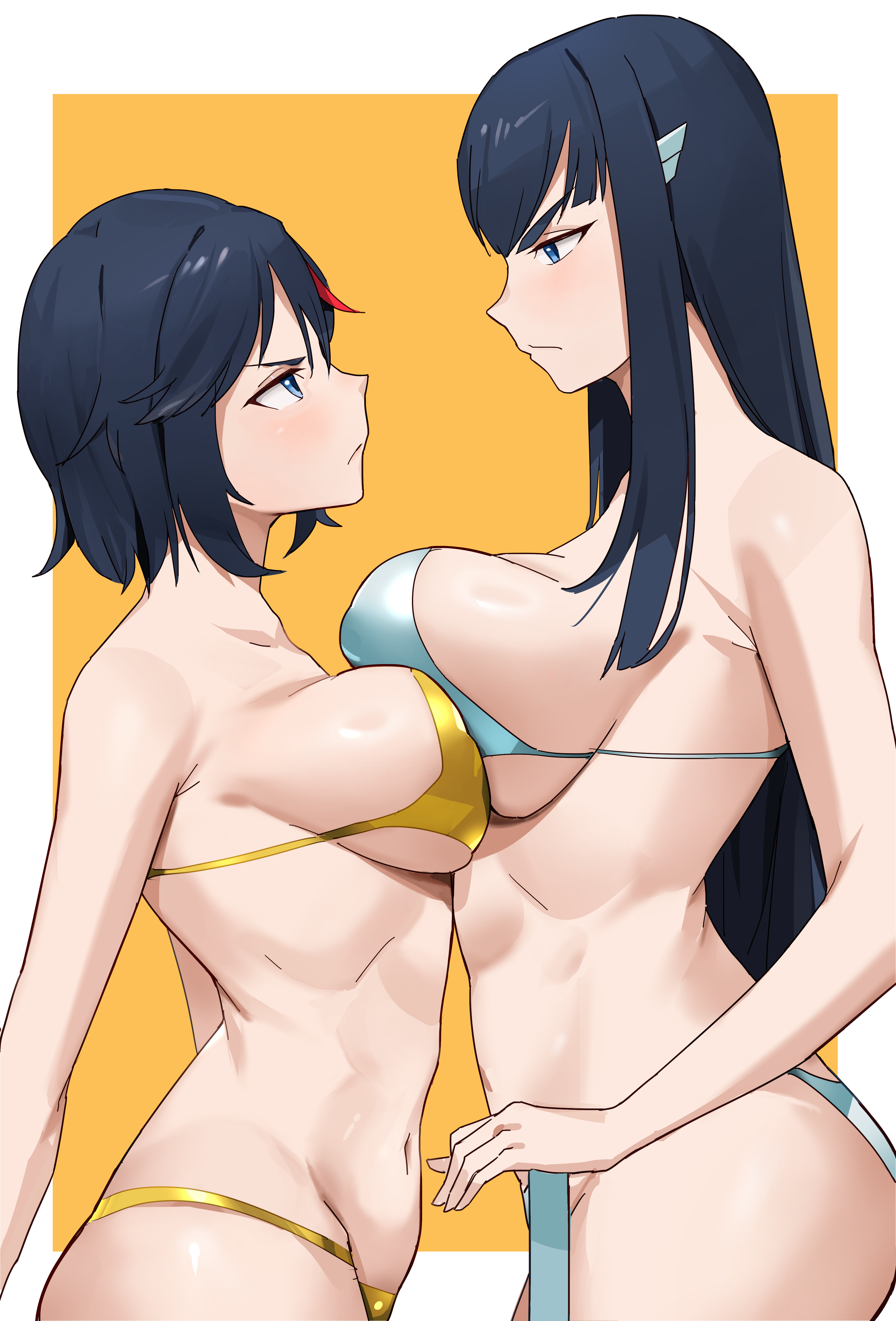 t-lex, kiryuuin satsuki, matoi ryuuko, kill la kill, absurdres, highres, 2girls, arms behind back, asymmetrical docking, bikini, black hair, blue bikini, blue eyes, blue hair, blush, breast press, breasts, frown, large breasts, long hair, looking at another, looking down, looking up, medium breasts, medium hair, multicolored hair, multiple girls, navel, red hair, siblings, sisters, size difference, streaked hair, swimsuit, two-tone hair, very long hair, yellow bikini