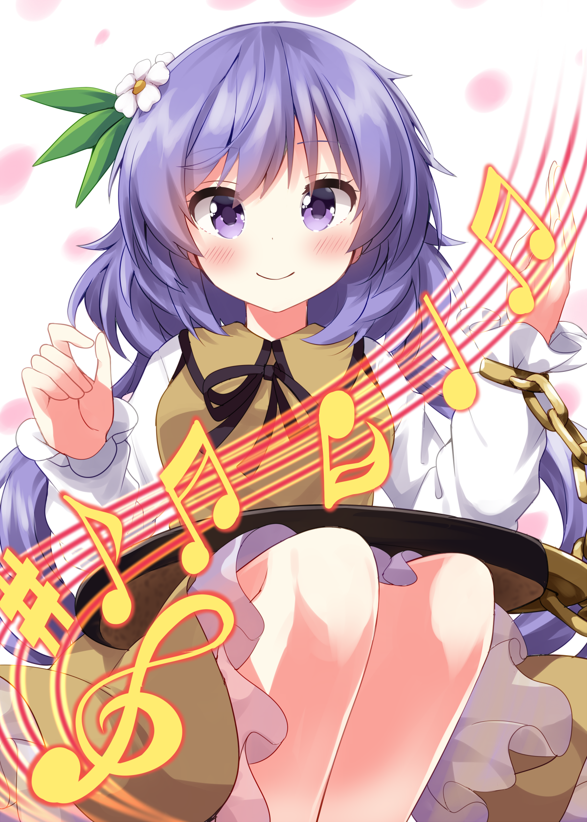 ruu (tksymkw), tsukumo benben, touhou, commentary, highres, 1girl, blush, closed mouth, dress, feet out of frame, flower, hair flower, hair ornament, instrument, long sleeves, looking at viewer, lute (instrument), musical note, musical staff, purple eyes, purple hair, short hair, smile, solo, treble clef, yellow dress