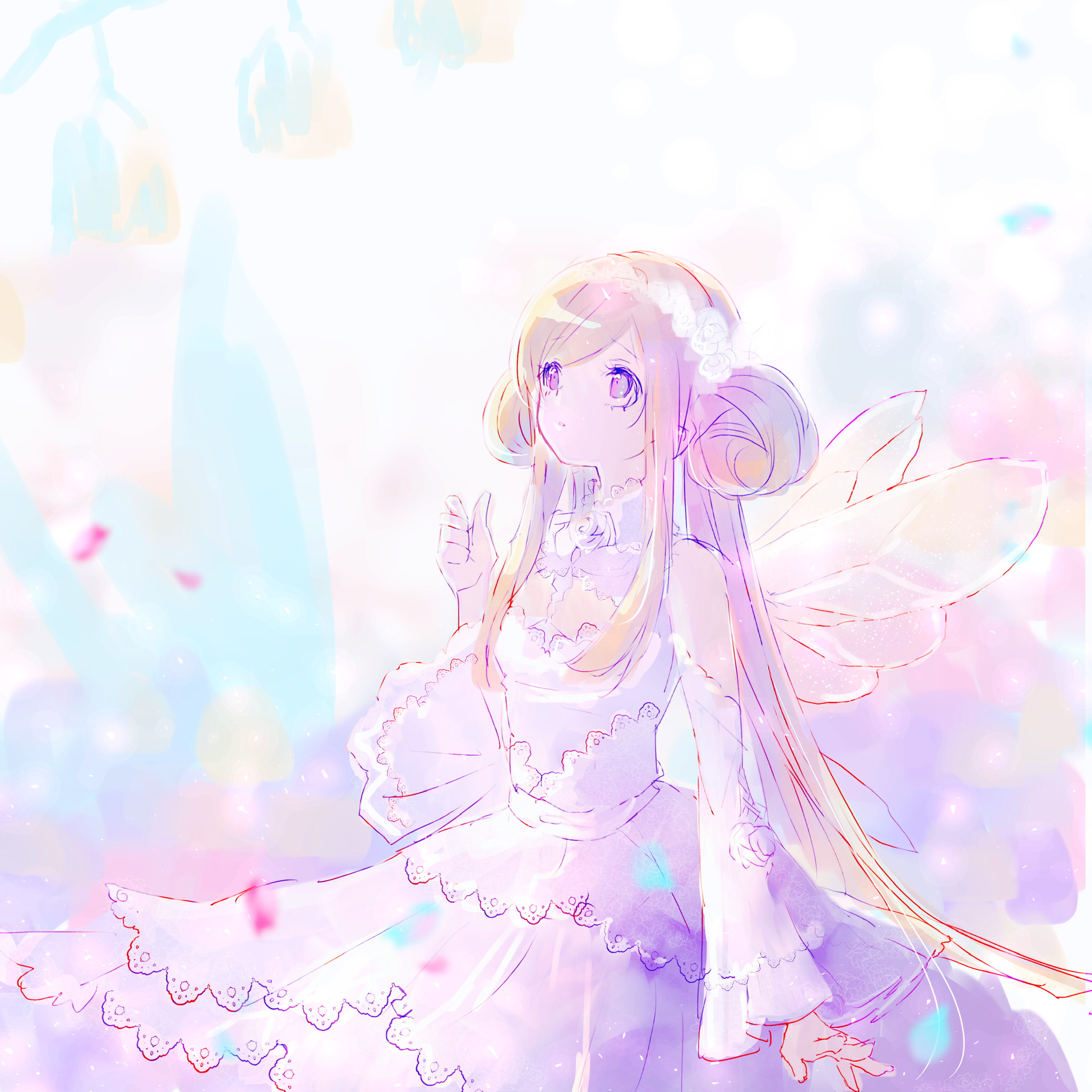 nekoneko gon, miracle nikki, nikki (series), highres, 1girl, absurdly long hair, bare shoulders, blonde hair, blue sky, brooch, brown eyes, closed mouth, collar, colorful background, confetti, cowboy shot, day, detached collar, double bun, dress, expressionless, eyelashes, fairy wings, flower, flower brooch, flower hairband, frilled sleeves, frills, hair bun, high collar, jewelry, lace, lace-trimmed collar, lace-trimmed dress, lace trim, light particles, long hair, long sleeves, looking ahead, medium dress, mountain, orange wings, outdoors, rose, sash, sealed heart (miracle nikki), sky, solo, standing, straight hair, strapless, strapless dress, tareme, transparent wings, very long hair, waist sash, white collar, white dress, white flower, white rose, white sash, white sleeves, wide sleeves, wings