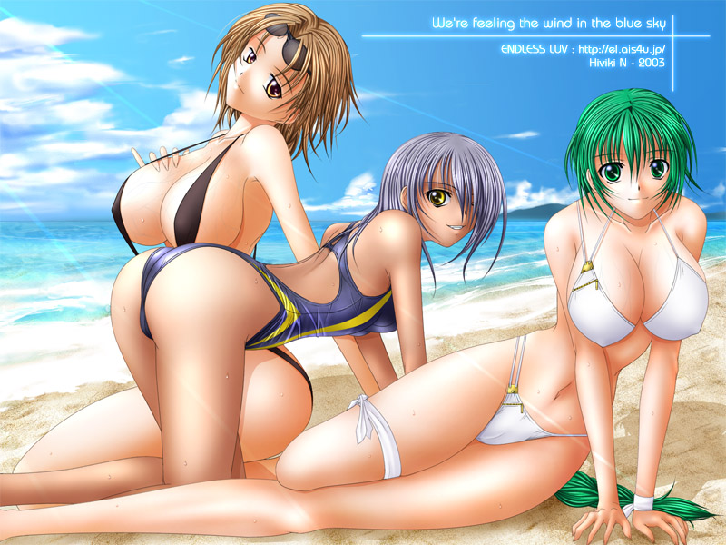 artist request, character request, copyright request, tagme, 3girls, all fours, beach, bikini, breasts, cloud, covered erect nipples, female focus, large breasts, legs, multiple girls, navel, ocean, outdoors, plant, sitting, sky, swimsuit