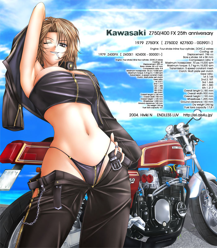 hiviki n'alchemy, vehicle, armpits, bikini, bra, breasts, cigarette, crotch zipper, jacket, large breasts, leather, lingerie, midriff, motor vehicle, motorcycle, one eye closed, panties, pants, short hair, skin tight, smoking, strapless, swimsuit, tube top, underwear, wink, zipper