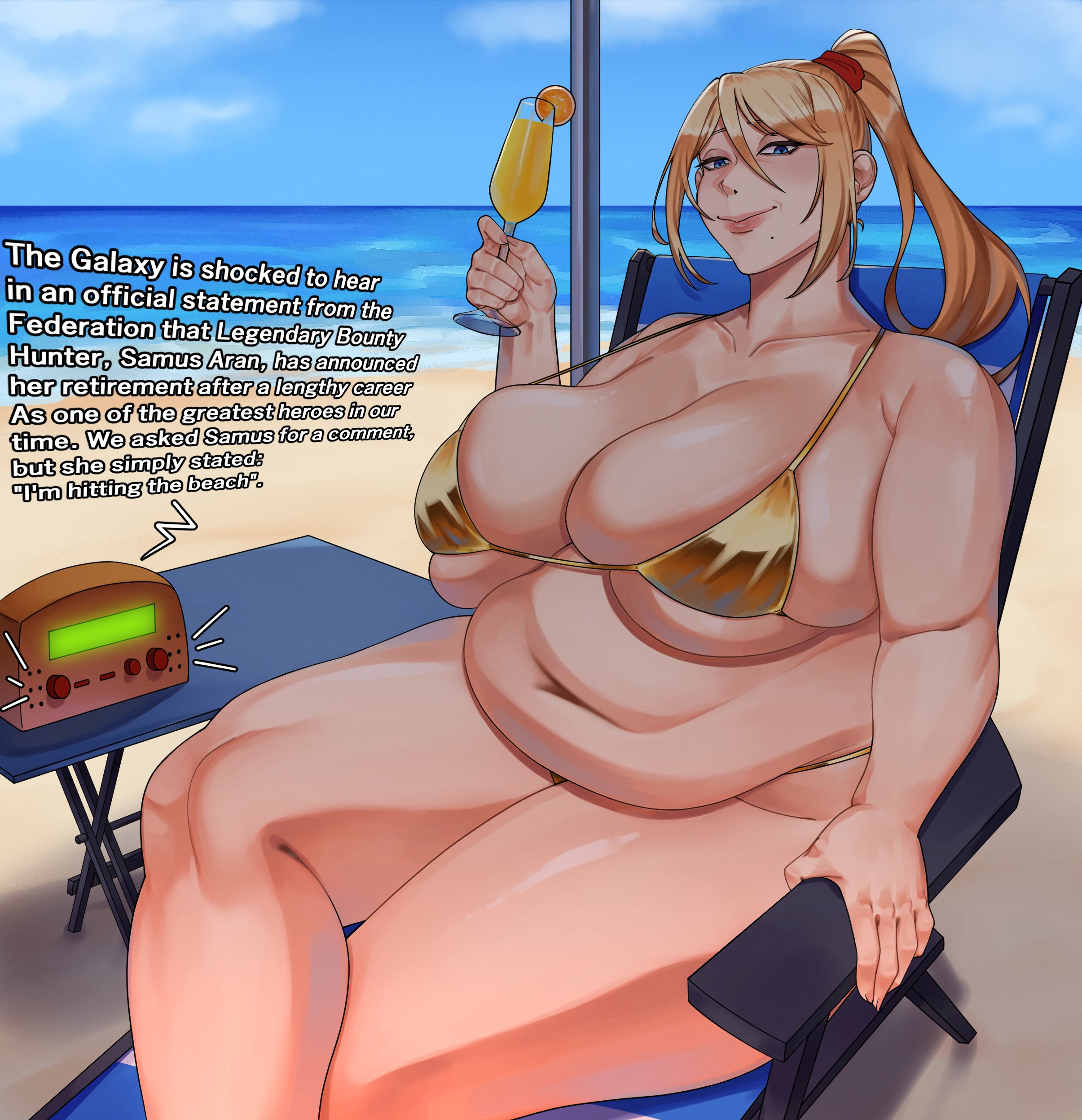 strongmoist, samus aran, metroid, nintendo, 1girl, beach, beach chair, beach umbrella, belly, bikini, blonde hair, blue eyes, breasts, cleavage, cocktail, cocktail glass, crossed legs, cup, drink, drinking glass, english text, fat, fat woman, food, fruit, gold bikini, hair tie, holding, holding drink, huge breasts, lips, long hair, mole, mole under mouth, navel, ocean, orange (fruit), orange slice, outdoors, plump, ponytail, radio, sitting, sky, smile, smug, solo, swimsuit, thick thighs, thighs, umbrella