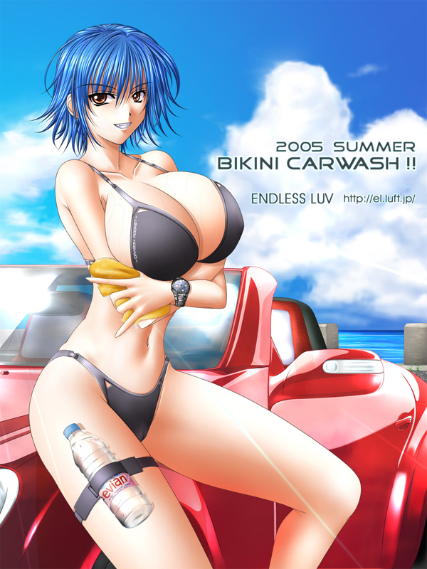hiviki n'alchemy, original, 1girl, bikini, blue hair, bottle, breasts, brown eyes, female focus, huge breasts, short hair, solo, swimsuit, watch, water bottle, wristwatch
