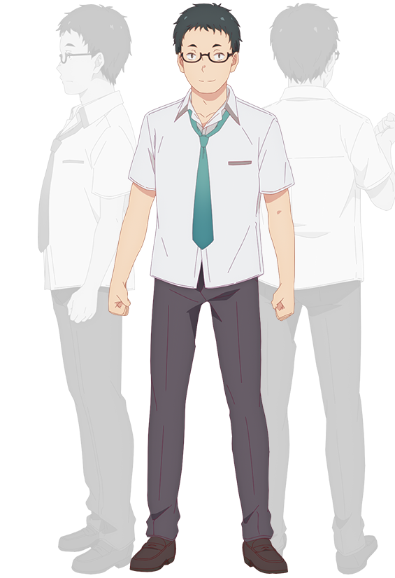 nii manabu, maru tomokazu, gimai seikatsu, official art, 3boys, anime coloring, back, black hair, breasts, brown shoes, clenched hands, closed mouth, collared shirt, from behind, from side, full body, glasses, grey pants, greyscale, hand up, large breasts, looking at viewer, monochrome, multiple boys, multiple views, necktie, pants, profile, school uniform, semi-rimless eyewear, shirt, shoes, short hair, short sleeves, simple background, smile, standing, transparent background, under-rim eyewear, untucked shirt, very short hair, white shirt