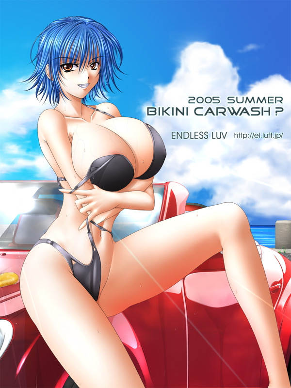 hiviki n'alchemy, original, 1girl, bikini, blue hair, breasts, brown eyes, female focus, huge breasts, short hair, solo, swimsuit