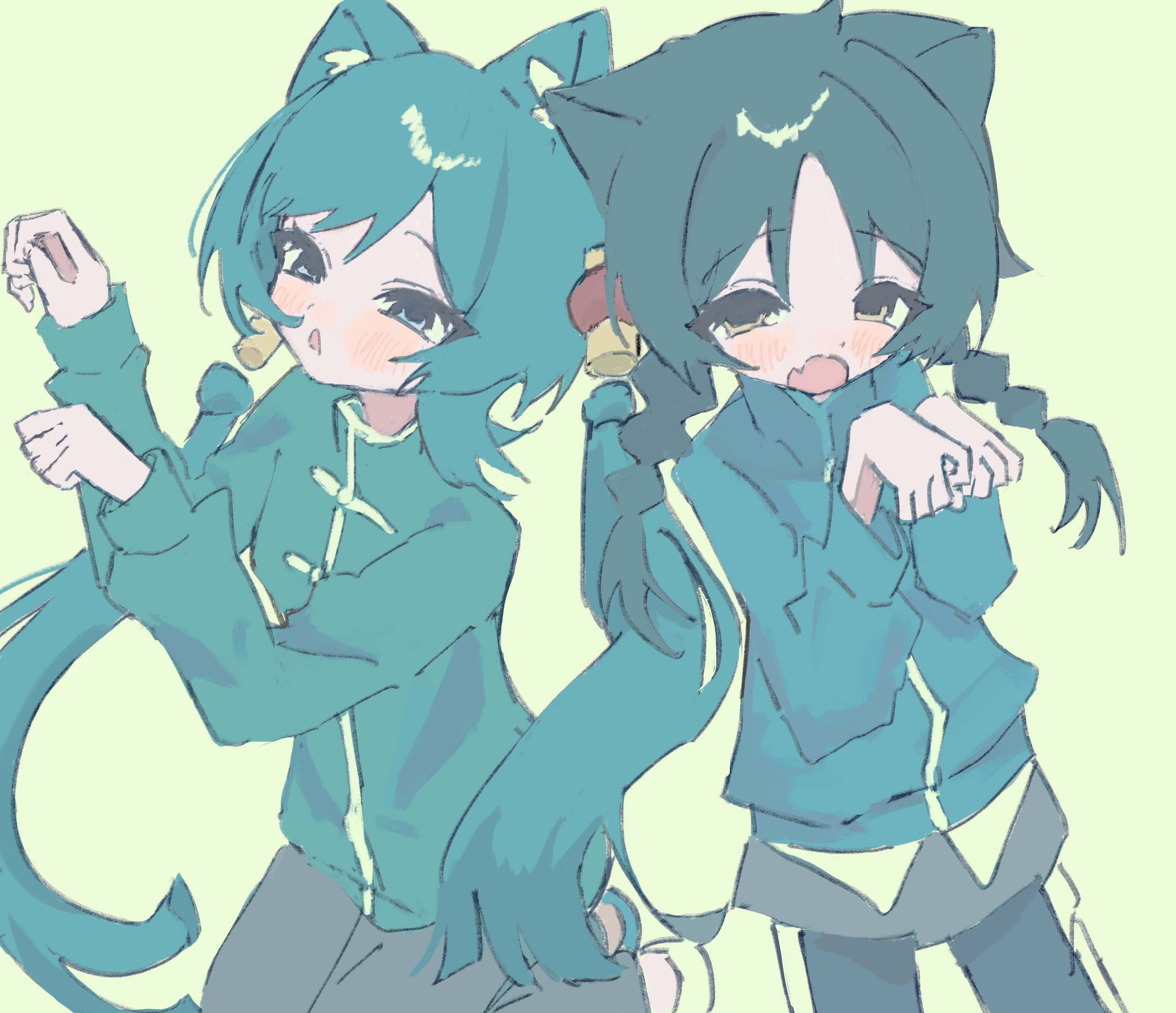 hatsune miku, kaai yuki, vocaloid, absurdres, commentary request, highres, 2girls, alternate costume, animal ears, black hair, black pants, blue eyes, blue hair, blue jacket, blush, braid, cat ears, cat girl, chinese clothes, chisa (chisa art01), detached hair, fang, feet out of frame, floating hair, grey pants, grey skirt, guruguru (vocaloid), half-closed eyes, hands up, jacket, kemonomimi mode, long hair, long sleeves, looking at viewer, low twin braids, multiple girls, open mouth, pants, paw pose, side-by-side, simple background, skin fang, skirt, twin braids, twintails, yellow background, yellow eyes