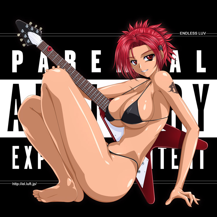 hiviki n'alchemy, kuroda mutsuki, gibson, original, md5 mismatch, 1girl, barefoot, bikini, black background, black bikini, breasts, cleavage, collarbone, electric guitar, feet, female focus, gibson flying v, grin, guitar, hair ornament, hairclip, instrument, large breasts, legs, long legs, looking at viewer, micro bikini, navel, parental advisory, red eyes, red hair, short hair, shoulder tattoo, sideboob, sitting, smile, solo, swimsuit, tan, tattoo, teeth, thighs, underboob