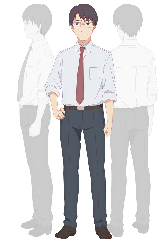 nii manabu, asamura taichi, gimai seikatsu, official art, 3boys, anime coloring, back, belt, black hair, brown belt, brown shoes, closed mouth, collared shirt, dress shoes, from behind, from side, full body, glasses, green eyes, grey pants, greyscale, hand on own hip, long sleeves, looking at viewer, mature male, monochrome, multiple boys, multiple views, necktie, pants, profile, red necktie, shirt, shoes, short hair, simple background, sleeves rolled up, smile, standing, transparent background, white shirt