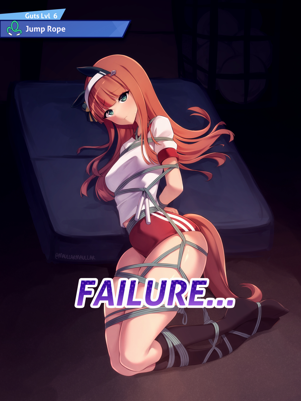 maullarmaullar, silence suzuka (umamusume), umamusume, highres, 1girl, animal ears, arms behind back, artist name, bdsm, black socks, bondage, bound, bound ankles, bound arms, bound legs, bound thighs, bound wrists, breasts, buruma, ear covers, entangled, gameplay mechanics, green eyes, gym uniform, hairband, hime cut, hogtie, horse ears, horse girl, horse tail, jump rope, kneehighs, long hair, looking at viewer, orange hair, orange tail, red buruma, red shorts, restrained, shibari, shibari over clothes, shirt, shorts, small breasts, socks, solo, tail, thighs, tracen training uniform, white hairband, white shirt