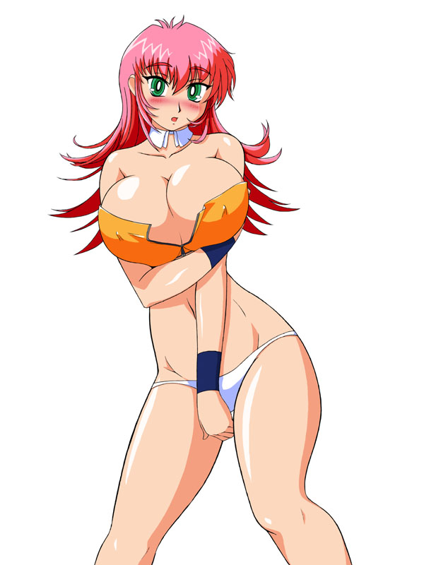 raika grace, viper (series), viper f40, 1girl, blush, breasts, cleavage, covered erect nipples, female focus, green eyes, huge breasts, large breasts, legs, midriff, panties, pink hair, pinup (style), solo, thighs, underwear