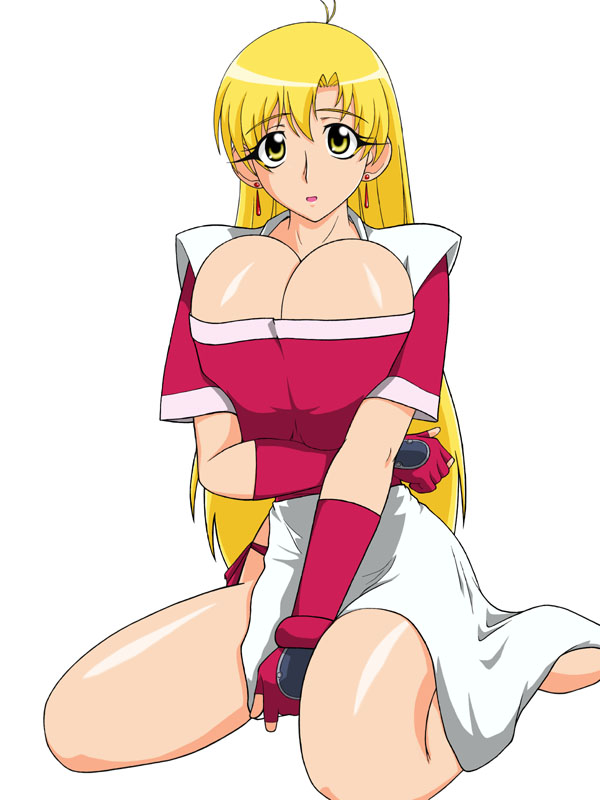 tendou rushuna, grenadier (manga), 00s, 1girl, blonde hair, breasts, breasts squeezed together, cleavage, earrings, female focus, fingerless gloves, gloves, huge breasts, jewelry, legs, long hair, simple background, sitting, solo, yellow eyes