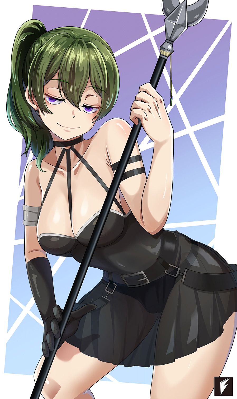 teng zhai zi, ubel (sousou no frieren), sousou no frieren, highres, arm strap, armlet, artist logo, bare shoulders, belt, black belt, black dress, black gloves, black panties, blonde armpit hair, blue background, blush, border, breasts, choker, cleavage, collarbone, dress, feet out of frame, gloves, green hair, hair between eyes, holding, holding polearm, holding weapon, jewelry, jitome, leaning forward, logo, long hair, looking at viewer, medium breasts, o-ring, o-ring choker, panties, pleated dress, polearm, ponytail, purple eyes, see-through clothes, see-through dress, short dress, side ponytail, single glove, smile, underwear, weapon, white border