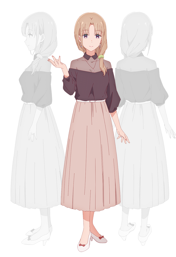 nii manabu, ayase akiko, gimai seikatsu, official art, 3girls, anime coloring, back, blonde hair, bow, breasts, closed mouth, collarbone, collared shirt, curtained hair, earrings, from behind, from side, full body, green scrunchie, grey skirt, greyscale, hand up, high heels, jewelry, long hair, long skirt, looking at viewer, low ponytail, medium breasts, monochrome, multiple boys, multiple girls, multiple views, nail polish, necklace, open hand, pink nails, pleated skirt, ponytail, profile, purple eyes, purple shirt, red bow, scrunchie, see-through clothes, see-through shirt, shirt, shoes, simple background, skirt, smile, standing, three-quarter sleeves, transparent background, white shoes