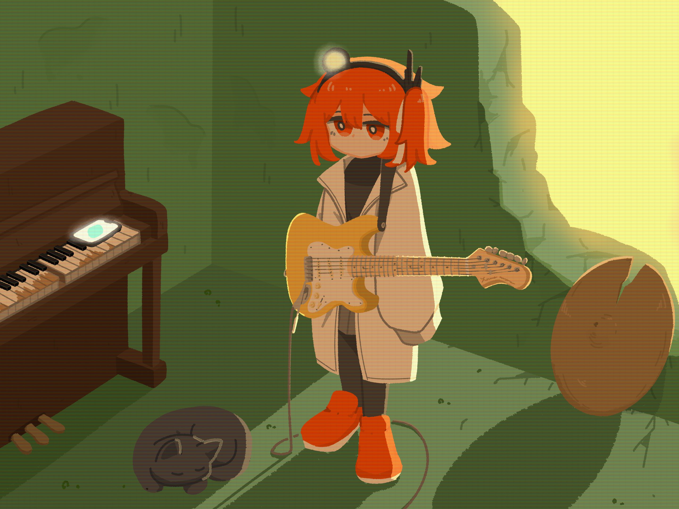 adachi rei, a.i. voice, utau, commentary request, highres, 1girl, arms at sides, black pantyhose, black shirt, broken wall, cat, cellphone, coat, cymbals, electric guitar, expressionless, full body, guitar, guitar strap, hair ribbon, headlamp, indoors, instrument, long sleeves, one side up, open clothes, open coat, orange eyes, orange hair, orange shoes, oyoida kibisu, pantyhose, phone, piano, radio antenna, ribbon, scanlines, shadow, shirt, shoes, short hair, shuumatsu ohanashi club (utau), sleeping animal, sleeves past fingers, sleeves past wrists, smartphone, solo, standing, white coat, white ribbon