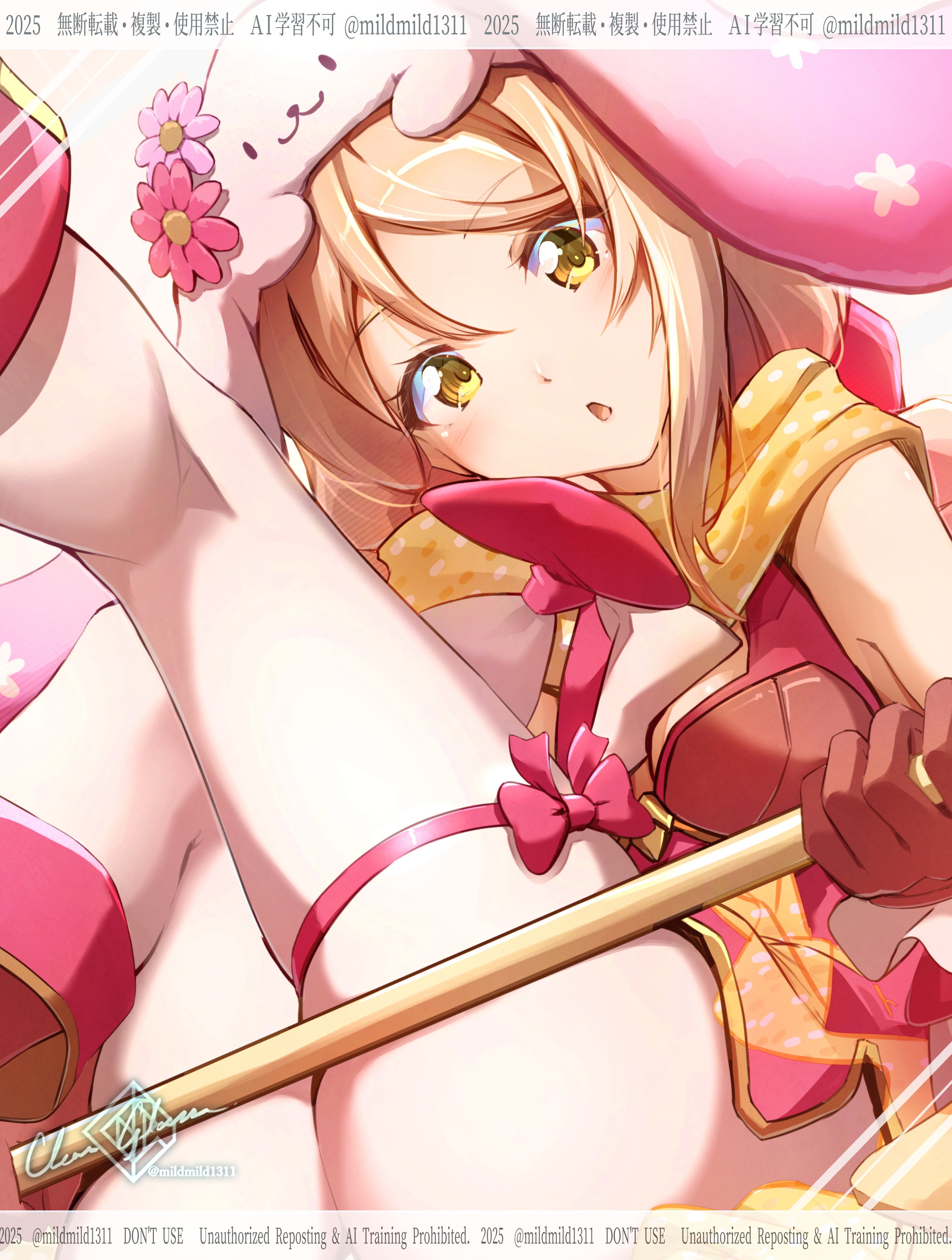 clear glass (mildmild1311), framme (fire emblem), framme (spring) (fire emblem), fire emblem, fire emblem engage, fire emblem heroes, nintendo, absurdres, highres, 1girl, :o, animal ears, blonde hair, bow, brown gloves, fake animal ears, gloves, hair between eyes, official alternate costume, open mouth, pantyhose, pink bow, rabbit ears, solo, thigh bow, white pantyhose, yellow eyes