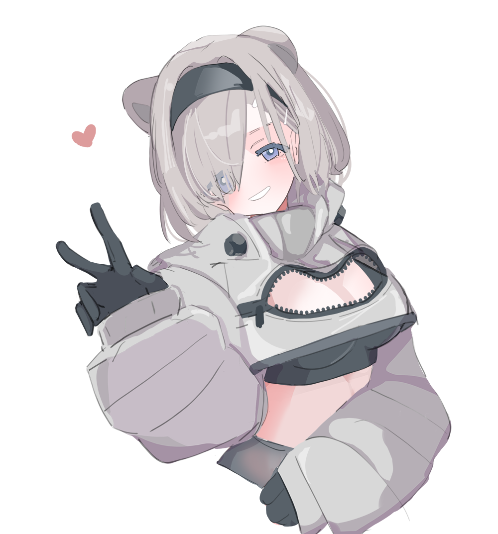 taiiiyakiii, aurora (arknights), arknights, commentary, 1girl, animal ears, bear ears, bear girl, black hairband, black sports bra, blue eyes, breasts, cleavage cutout, clothing cutout, cropped jacket, cropped torso, extra ears, eyes visible through hair, grey hair, grey jacket, grin, hair over one eye, hairband, hand up, heart, jacket, large breasts, long hair, long sleeves, midriff, puffy long sleeves, puffy sleeves, simple background, smile, solo, sports bra, v, white background