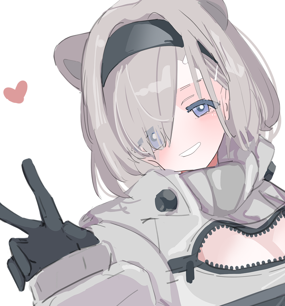 taiiiyakiii, aurora (arknights), arknights, 1girl, animal ears, bear ears, bear girl, black gloves, black hairband, blue eyes, cleavage cutout, clothing cutout, extra ears, eyes visible through hair, gloves, grey hair, grey jacket, grin, hair over one eye, hairband, hand up, heart, jacket, portrait, simple background, smile, solo, v, white background