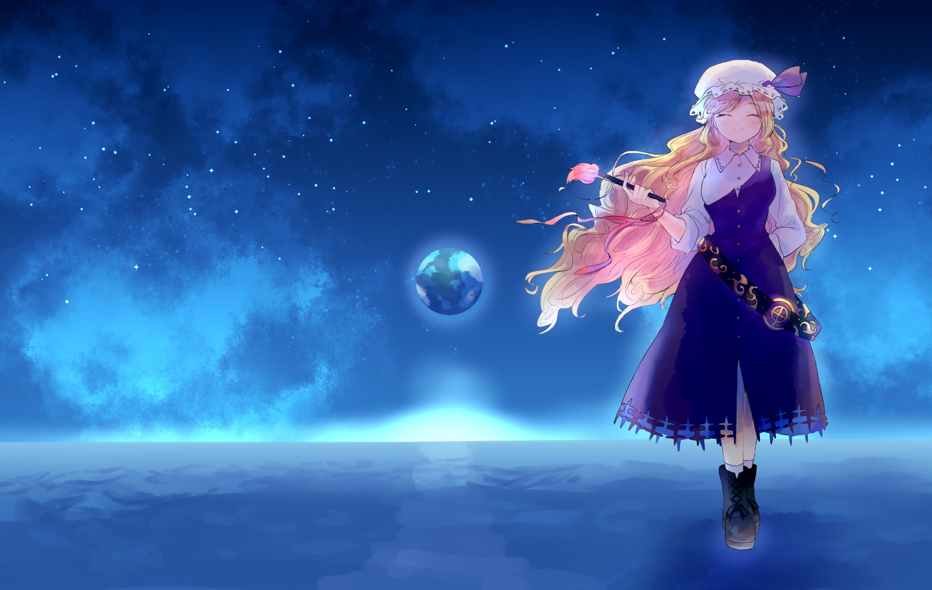 r9nr9, watatsuki no toyohime, fossilized wonders, touhou, commentary request, highres, 1girl, ^ ^, ankle boots, arm behind back, belt, black boots, blonde hair, boots, closed eyes, closed mouth, cloud, cloudy sky, collared shirt, dress, earth (planet), facing viewer, folding fan, full body, hand fan, hat, holding, holding fan, long hair, long sleeves, mob cap, planet, purple dress, shirt, sky, smile, socks, solo, standing, star (sky), starry sky, very long hair, white hat, white shirt, white socks
