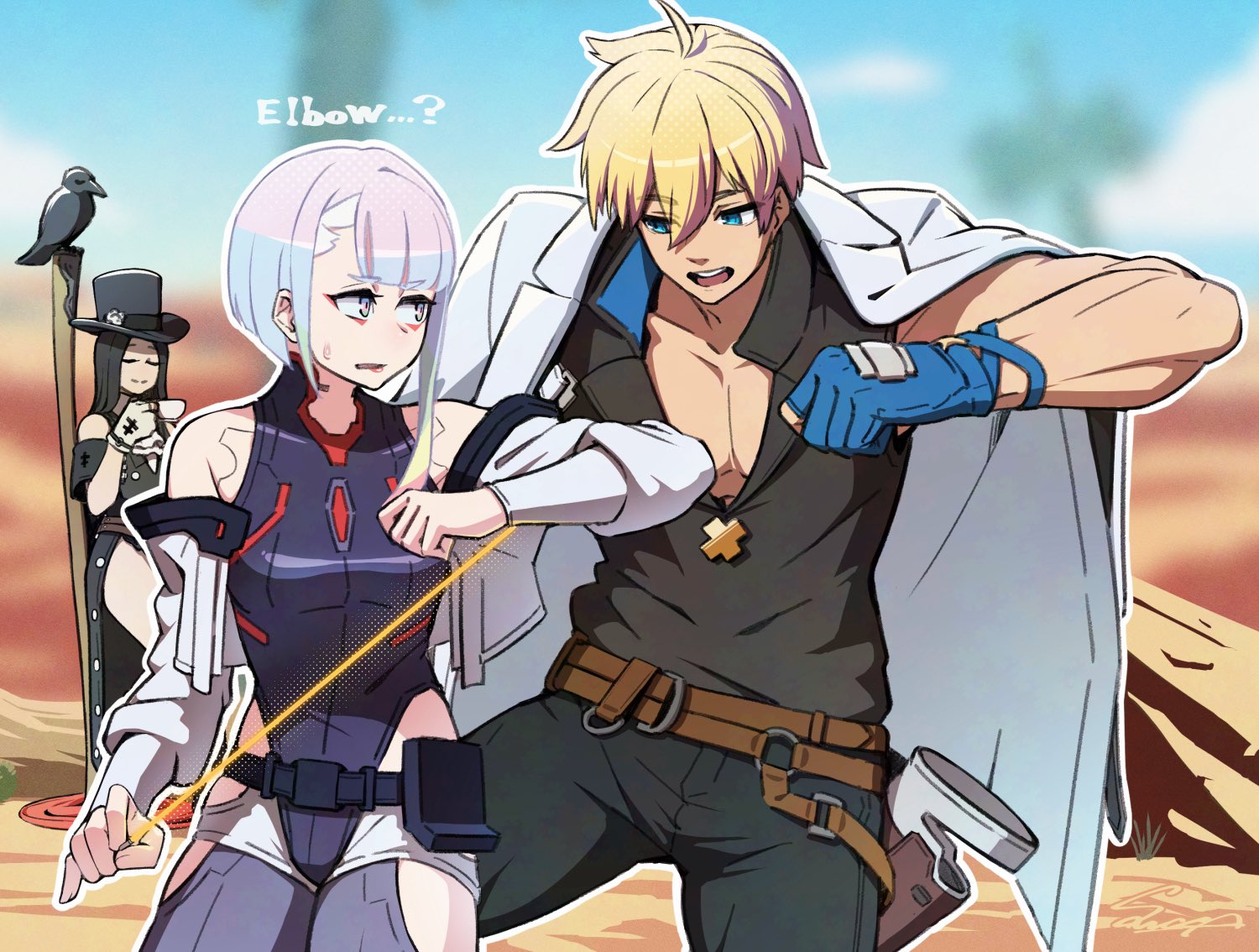sawasa, ky kiske, lucy (cyberpunk), testament (guilty gear), cyberpunk: edgerunners, cyberpunk (series), guilty gear, guilty gear strive, 1boy, 1girl, 1other, bare shoulders, belt, bird, black hair, blonde hair, blue eyes, blue hair, bob cut, crow, cyborg, english text, eyeliner, eyeshadow, gradient hair, hat, jacket, long hair, makeup, monowire, multicolored hair, off-shoulder jacket, off shoulder, pink hair, red eyeliner, red eyeshadow, samurai jacket (cyberpunk), short hair, side slit, thighs, top hat, white jacket, wire