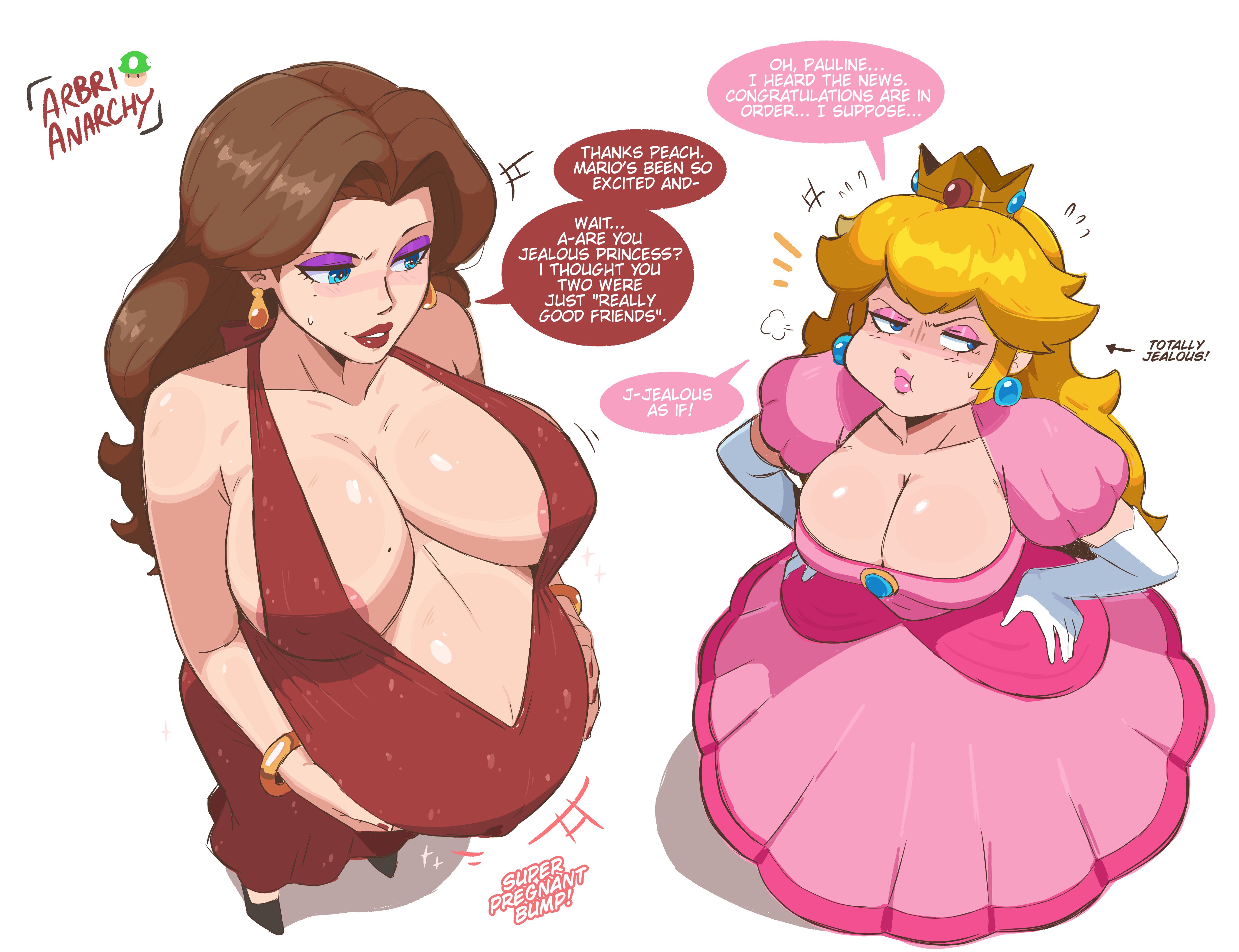 arbrianarchy, envy, pauline (mario), princess peach, mario (series), nintendo, absurdres, highres, 2girls, areola slip, blonde hair, blue lips, breasts, brown hair, cleavage, crown, dress, elbow gloves, eyeshadow, full body, gloves, gold crown, hands on own hips, hands on own stomach, large breasts, long hair, makeup, multiple girls, pink dress, pink eyeshadow, plunging neckline, pointed crown, pout, pregnant, puffy short sleeves, puffy sleeves, purple eyeshadow, red dress, red lips, short sleeves, sideways glance, speech bubble, standing