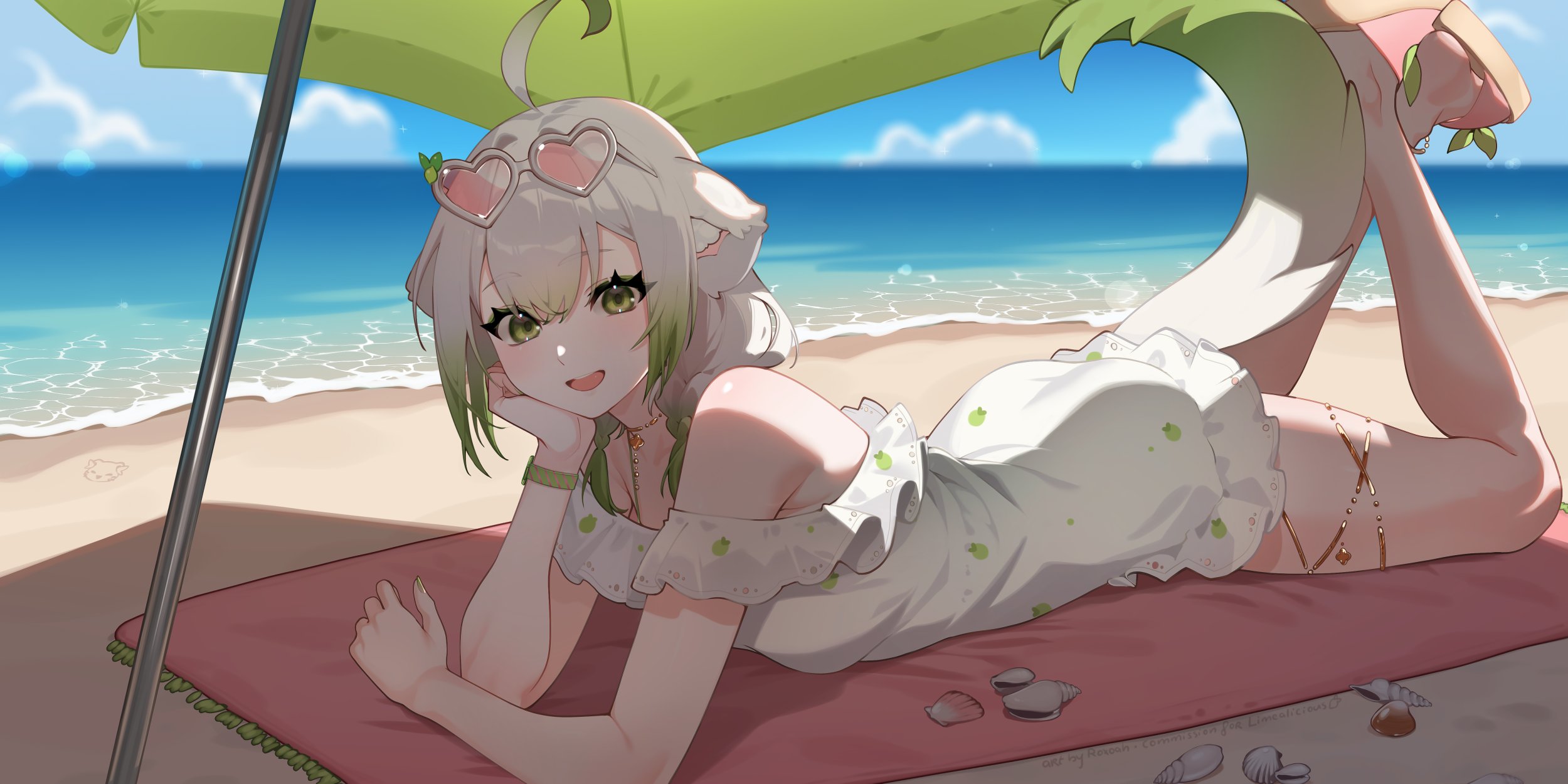 roxoah, laimu (vtuber), vinesauce, highres, official art, 1girl, ahoge, animal ears, ass, beach, bikini, braid, breasts, cloud, cloudy sky, dress, ferret, ferret ears, ferret girl, ferret tail, frilled dress, frills, gold choker, gold thighlet, gradient hair, gradient tail, green hair, green nails, green tail, heart, heart-shaped eyewear, laimu (vtuber) (summer), lying, medium breasts, multicolored hair, multicolored tail, ocean, official alternate costume, on stomach, pink nails, sand, seashell, shell, sky, summer, sundress, swimsuit, tail, thighs, towel, twin braids, two-tone hair, two-tone tail, umbrella, virtual youtuber, watch, white hair, white tail, wristwatch