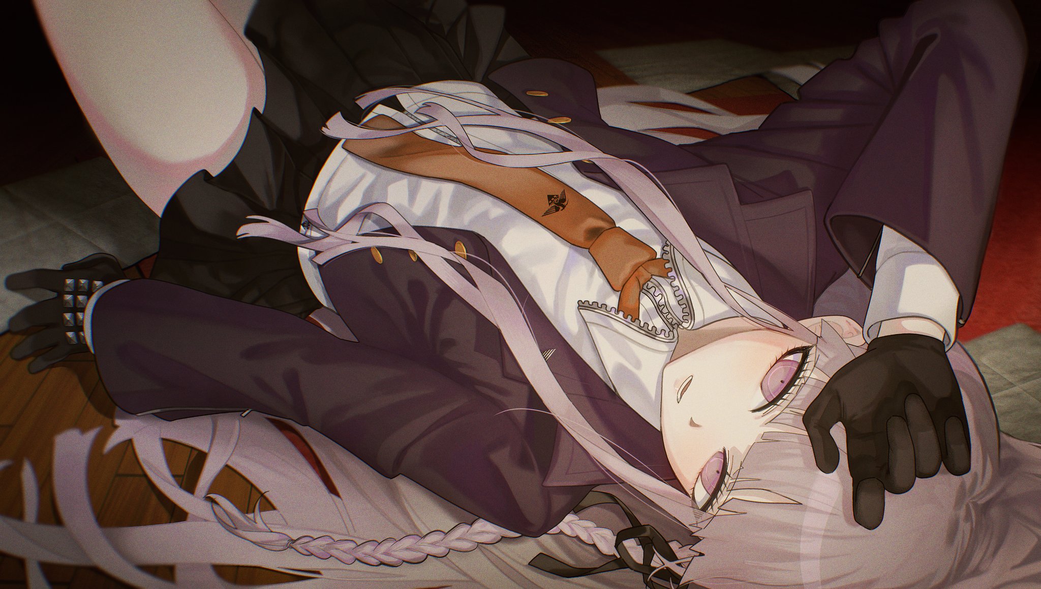 zundokodokodoko, kirigiri kyoko, danganronpa: trigger happy havoc, danganronpa (series), highres, 1girl, black gloves, black skirt, braid, gloves, jacket, long hair, lying, necktie, on back, on floor, open clothes, open jacket, orange necktie, parted lips, purple eyes, purple hair, purple jacket, shirt, single braid, skirt, solo, teeth, white shirt, zipper