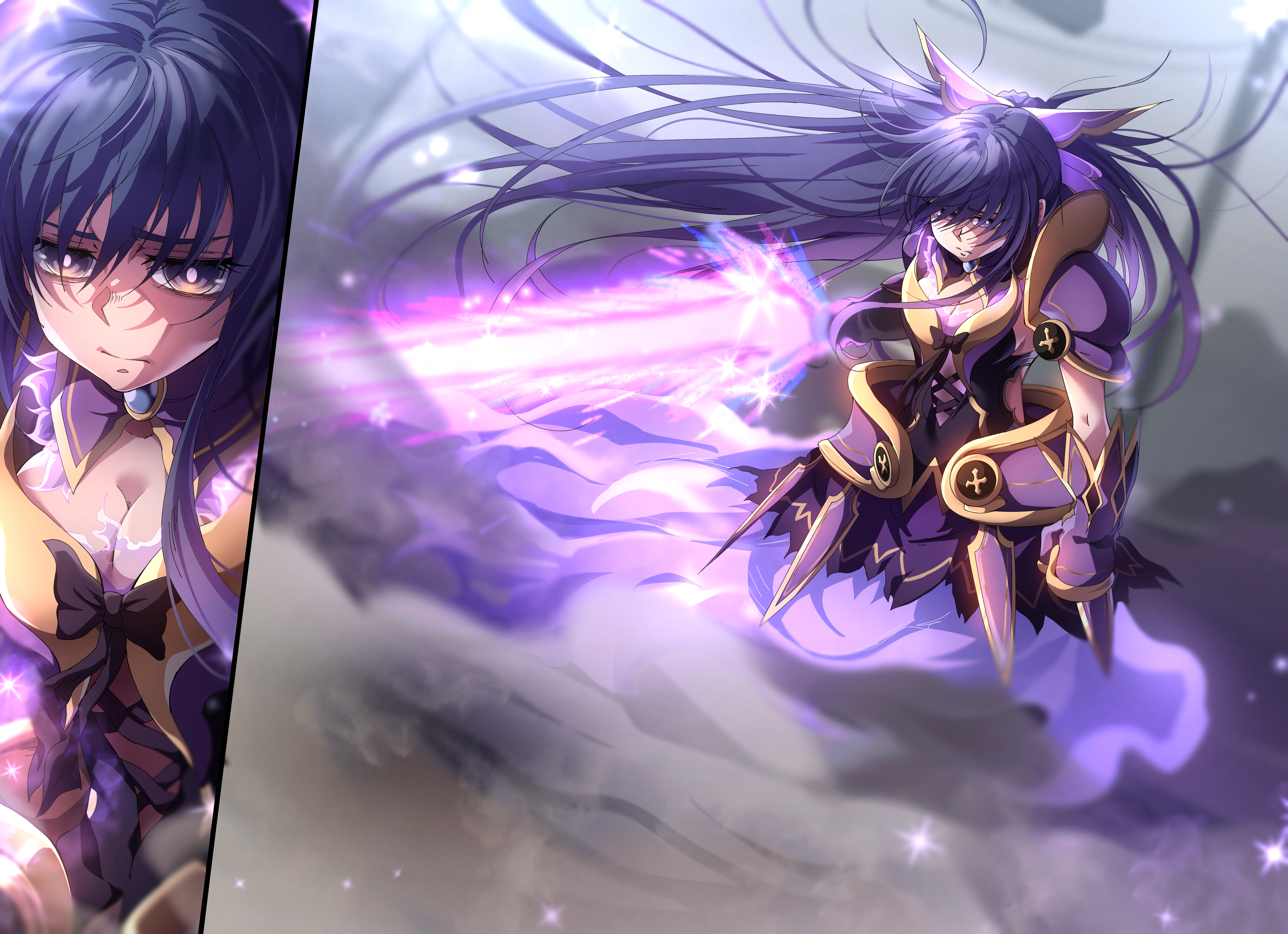 danlc2001, yatogami tohka, date a live, absurdres, highres, non-web source, armor, armored dress, dress, dust, frown, hair ornament, holding, holding sword, holding weapon, light particles, long hair, purple armor, purple eyes, purple hair, shoulder armor, sword, very long hair, weapon