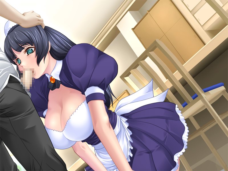 aga (artist), gotou shizuku, bakunyuu kissa, game cg, 1boy, 1girl, aqua eyes, black hair, breasts, censored, cleavage, fellatio, hand on another's head, hetero, huge breasts, long hair, maid, mosaic censoring, oral, penis