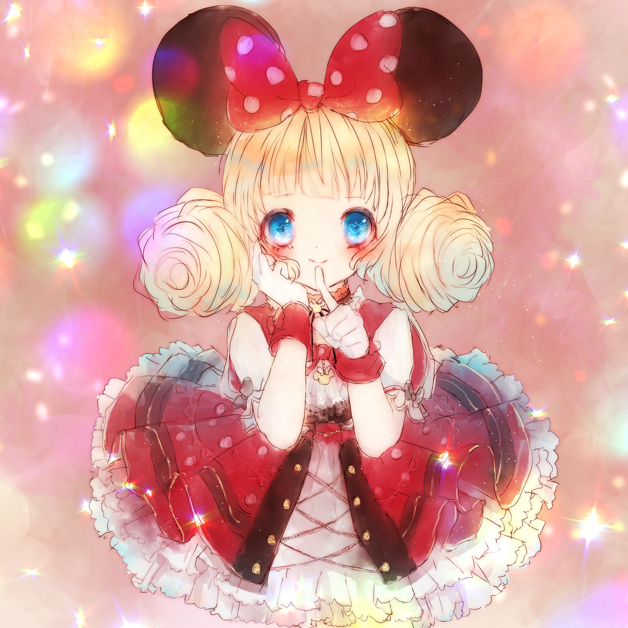 nekoneko gon, minnie mouse, disney, miracle nikki, nikki (series), highres, 1girl, animal ears, blonde hair, blue eyes, blunt bangs, bow, capelet, choker, circle skirt, closed mouth, cosplay, cowboy shot, cross-laced clothes, cross-laced skirt, dot nose, double bun, dress, dress under skirt, epic magic minnie (miracle nikki), eyelashes, fake animal ears, finger to mouth, frilled dress, frills, hair bow, hair bun, hand on own cheek, hand on own face, light blush, light particles, looking at viewer, minnie mouse (cosplay), minnie mouse ears, polka dot, polka dot bow, puffy short sleeves, puffy sleeves, red bow, red capelet, red choker, red skirt, red wrist cuffs, short dress, short hair, short sleeves, showgirl skirt, skirt, smile, solo, sparkle, stage, standing, tareme, white dress, wrist bow, wrist cuffs
